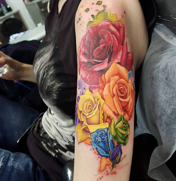 Rainbow Roses Arm Tattoo by Kayley Jayne Warrington TattooNOW